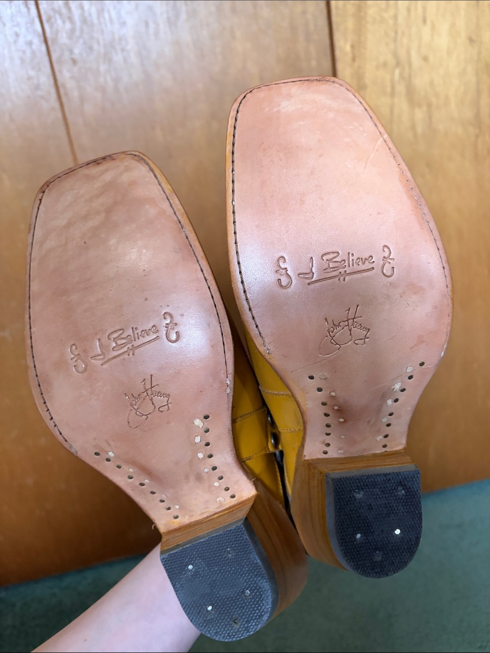 John Fluevog Mustard Leather Floral-Tooled Mule Clogs with Buckle - Picture 2 of 6